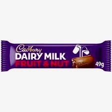 A 49g Cadbury Dairy Milk Fruit & Nut bar featuring smooth milk chocolate filled with plump raisins and crunchy nuts.