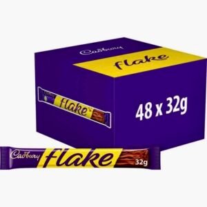 A 32g Cadbury Flake bar showing the iconic delicate, folded layers of crumbly milk chocolate.
