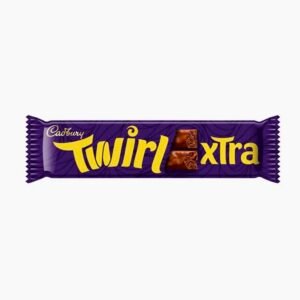 A Cadbury Twirl Extra pack featuring two large milk chocolate fingers with a delicate flaky and swirled texture.