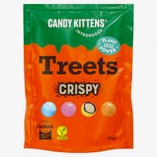 A 140g bag of Candy Kitten Crispy Sweets, featuring light and crunchy vegan-friendly fruit snacks.