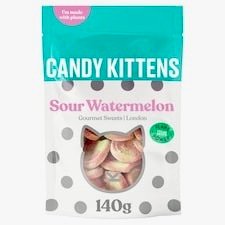 A 140g pink and green bag of Candy Kitten Sour Watermelon sweets, showing tangy vegan gummy candies coated in sour sugar.