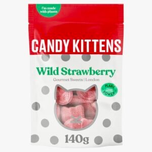 A 140g red bag of Candy Kitten Wild Strawberry sweets, featuring strawberry-shaped vegan gummy candies.
