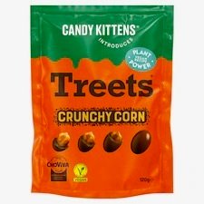 A 140g bag of Candy Kittens Crunchy Corn sweets, showing the crispy texture of these vegan-friendly fruit treats.