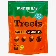 A 140g bag of Candy Kittens Salted Peanuts sweets, showing the crunchy nutty vegan treats inside.