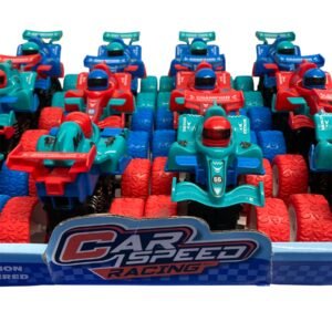 A retail display box branded "CAR SPEED RACING" containing a 12-piece assortment of friction-powered stunt cars in vibrant red, blue, and teal with driver figures.