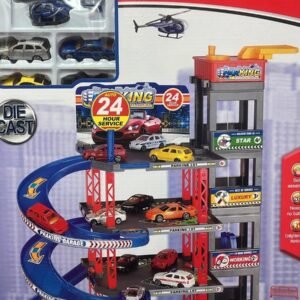A multi-level city parking playset for kids featuring ramps, mini cars, and colorful building block accessories.