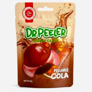 A 65g bag of Dr Peeler Cola Gummy Candy, featuring brown cola-bottle shaped halal fruit gummies.
