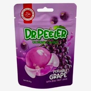 A 65g purple pack of Dr Peeler Grape Gummy Candy, featuring soft and chewy halal-certified grape gummies.