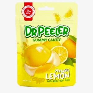 A 65g bag of yellow Dr Peeler Lemon Gummy Candy, tangy halal-certified fruit gummies.