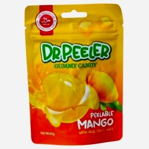 A 65g pack of Dr Peeler Mango Gummy Candy featuring yellow, mango-shaped halal-certified fruit gummies.