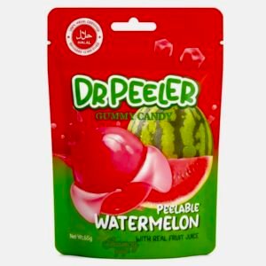 A 65g pack of Dr Peeler Watermelon Gummy Candy, showing red and green halal-certified fruit gummies.