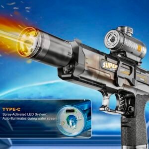 A high-tech black and grey Electric Shark MX water gun featuring a Type-C charging port and a spray-activated LED system that illuminates the water stream.