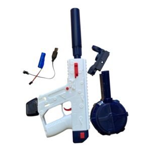 Disassembled Vector electric water gun parts including the white blaster body, blue silencer, drum magazine, rechargeable battery, and USB charging cable.