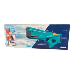 A sleek blue and white electric water gun with a transparent water chamber, tactical grip, and extended barrel, designed for long-distance shooting.