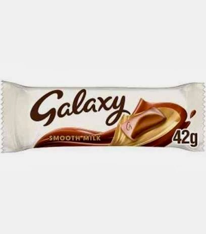A 42g Galaxy Smooth Milk Chocolate bar by Mars, featuring its iconic silky-smooth texture and elegant brown wrapper.
