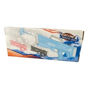 Two compact electric water guns in pink and blue, featuring a Glock-inspired tactical design, transparent water magazines, and one-button automatic firing.
