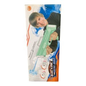 Two compact electric water guns in pink and blue, featuring a Glock-inspired tactical design, transparent water magazines, and one-button automatic firing.