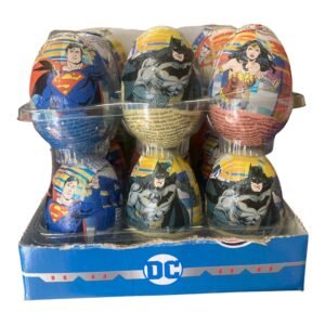 A bulk retail box containing 24 individually wrapped 20g Justice League chocolate eggs featuring DC superheroes like Batman, Superman, and Wonder Woman with a surprise toy inside.