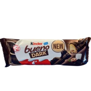 Two individually wrapped Kinder Bueno Dark bars featuring crispy wafer, hazelnut cream, and a rich dark chocolate coating.