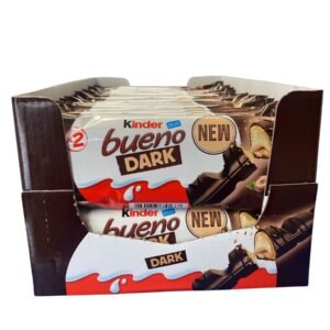 Two individually wrapped Kinder Bueno Dark bars featuring crispy wafer, hazelnut cream, and a rich dark chocolate coating.
