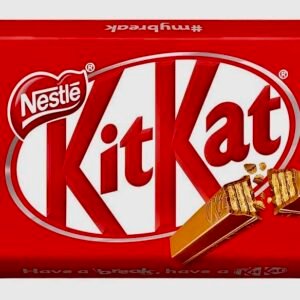 A wrapped KitKat 4 Finger bar in its iconic red packaging, featuring the Nestlé logo and an image of the crispy wafer fingers inside.