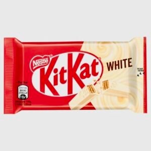 A wrapped KitKat White chocolate bar featuring the classic red Nestlé logo and a cream-colored wrapper with a cross-section of the crispy wafer inside.