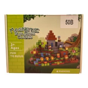 Retail box for the 50-piece Magnetic Building Cubes set featuring a Minecraft-style castle build with character blocks for ages 3 and up.