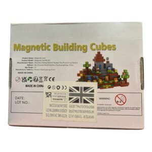 The back of the Magnetic Building Cubes 50B packaging showing manufacturer details, UKCA and CE safety certifications, and age warnings.