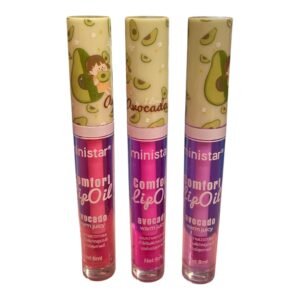 An 8ml bottle of Ministar Comfort Lip Oil in Avocado Warm Juicy variant, featuring a clear bottle with a green cap and a large doe-foot applicator.