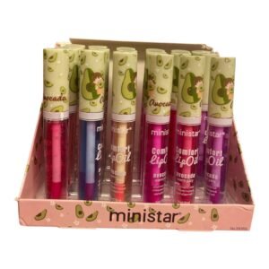 Collection of 8ml bottles of Ministar Comfort Lip Oil in Avocado Warm Juicy variant, featuring a clear bottle with a green cap and a large doe-foot applicator.