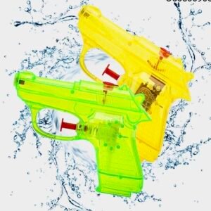 Two transparent neon water guns, one yellow and one green, with red triggers, shown against a white background with a graphic water splash effect.