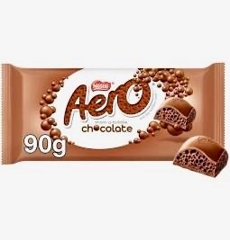 A 90g Nestlé Aero Milk Chocolate bar in its classic brown wrapper, highlighting the "share-a-bubble" design and aerated chocolate center.