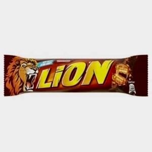 A single Nestlé Lion Bar in its classic brown wrapper, showing the roaring lion mascot and a cross-section of the crispy wafer, caramel, and cereal layers.