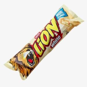 Nestlé Lion White chocolate bar featuring crispy wafer, soft caramel, and crunchy cereal coated in smooth white chocolate.