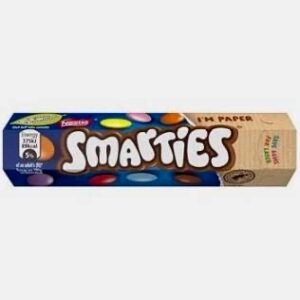 A classic tube of Nestlé Smarties showing the vibrant, multi-colored sugar-coated chocolate beans.