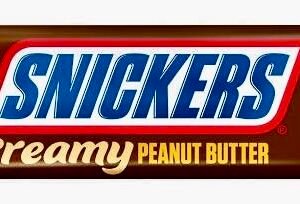 A 54.75g Snickers Creamy Peanut Butter chocolate bar wrapper showing the classic logo with a "Creamy" label and smooth peanut butter, caramel, and nougat filling.