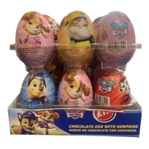 A bulk retail box of 24 individually wrapped Paw Patrol chocolate eggs featuring Chase, Marshall, and Skye with a collectible surprise toy inside