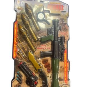 A packaged PUBG-themed toy set featuring a green RPG rocket launcher, three gold rockets, a toy pistol, and a plastic knife.