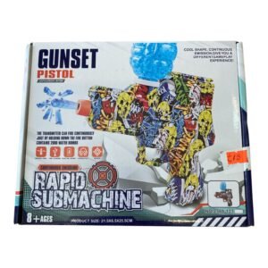 Retail box for a Rapid Submachine water bomb gun featuring a colorful graffiti design and top-mounted gel ball hopper.