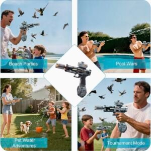 A collage showing the Shark MX electric water gun being used for beach parties, pool wars, pet adventures with a dog, and tournament mode.