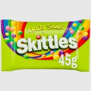 A 45g green bag of Skittles Crazy Sours featuring tangy sugar-coated chewy candies with an extra sour kick.