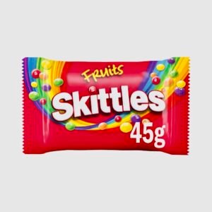 A 45g red bag of Original Skittles showing the classic rainbow of fruit-flavored chewy candies with their signature 'S' mark.