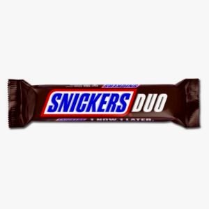A Snickers Duo chocolate bar wrapper containing two individual bars filled with peanuts, caramel, and nougat