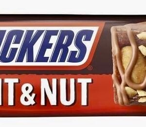 A 40g Snickers Fruit and Nut chocolate bar in a purple and brown wrapper featuring roasted peanuts and raisins with a milk chocolate coating.