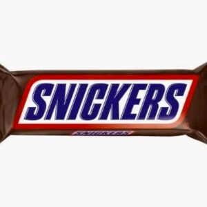 A single wrapped Snickers chocolate bar featuring the iconic blue logo on a brown wrapper, containing roasted peanuts, caramel, and nougat.