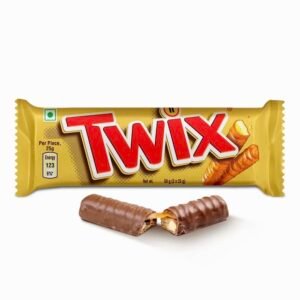 A standard Twix chocolate bar in its gold wrapper, featuring two fingers of crunchy biscuit and smooth caramel coated in milk chocolate.