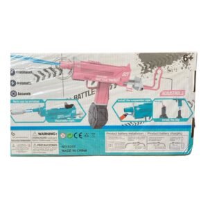 A pink and white tactical-style UZI electric water gun featuring a top-loading water port, ergonomic grip, and automatic trigger for continuous spray.