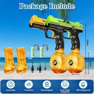 Complete set of two VATOS electric water guns (orange and green) with 4 magazines, 2 batteries, and 2 charging cables on a beach background.