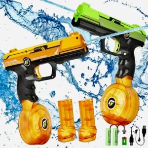 Complete VATOS electric water gun set featuring two automatic blasters in lime green and yellow, four high-capacity magazines, dual 3.7V rechargeable batteries, and USB charging cables.