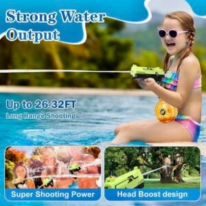 A young girl in a pool using a lime green VATOS electric water gun with a long-range water stream reaching up to 32 feet.